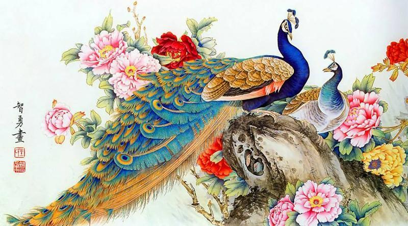Tranh chim công biểu tượng của sự cao quý, thịnh vượng, sắc đẹp và hạnh phúc lứa đôi