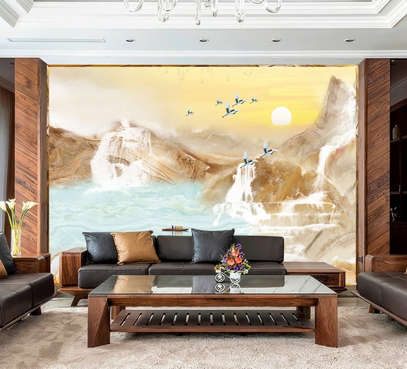 Tranh đá phía sau ghế sofa dài