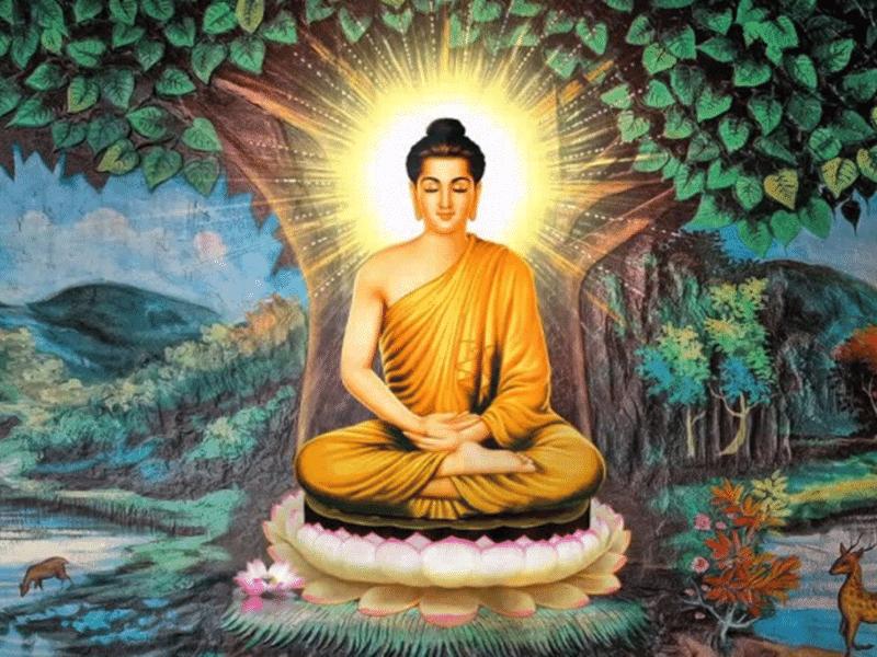 Tranh đức Phật Thích Ca Mâu Ni ngồi thiền định dưới gốc cây bồ đề
