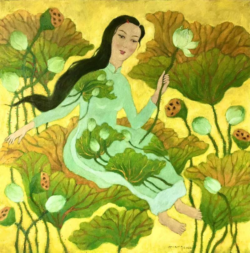 Tranh gam màu vàng và xanh nổi bật, thể hiện hình ảnh cô gái ngồi giữa những lá sen, mang lại cảm giác an yên, hòa mình vào thiên nhiên