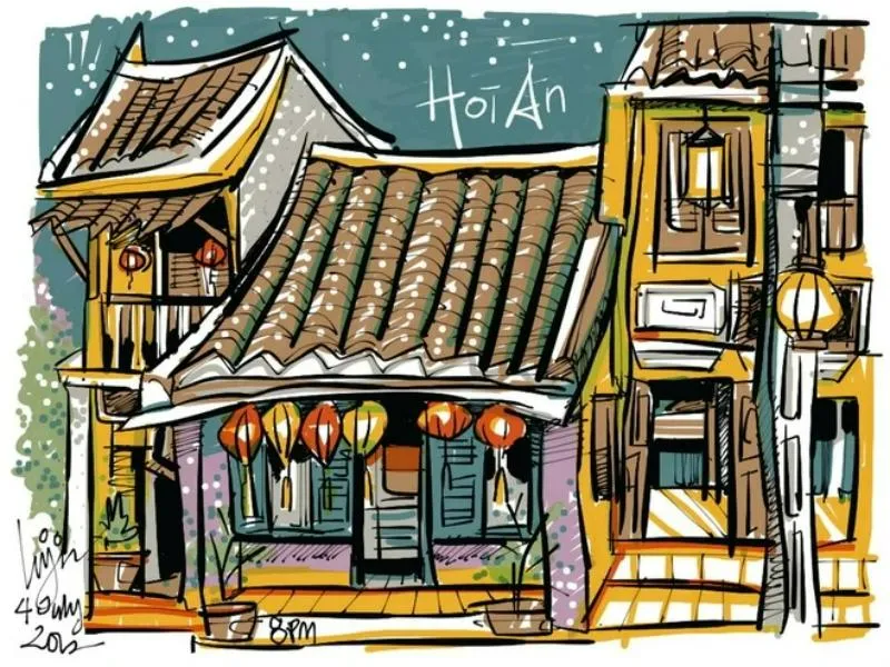 Bức tranh màu nước tinh tế, mô tả một con phố Hội An vắng người với ánh nắng nhẹ nhàng, phù hợp để thể hiện vẻ đẹp thơ mộng