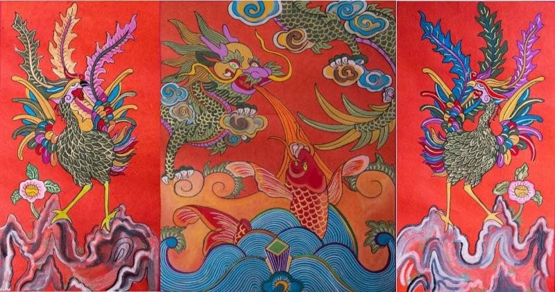Tranh Kim Hoàng với hình rồng phượng