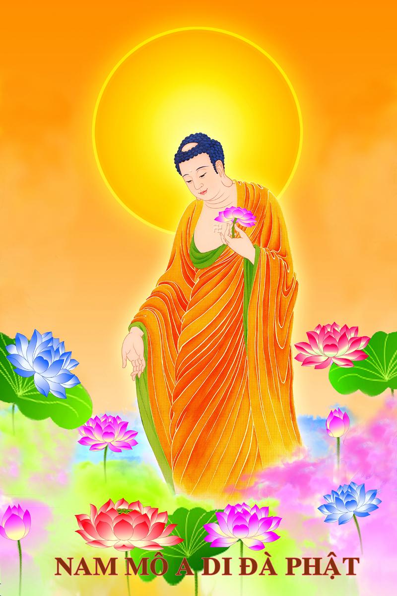 Tranh Phật A Di Đà cầm hoa sen nhìn xuống cõi trần