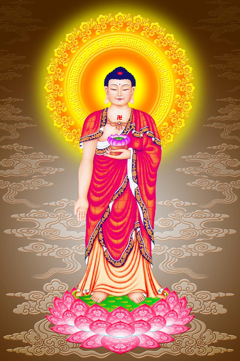 Tranh Phật A Di Đà đứng trên đài sen, tay cầm hoa sen