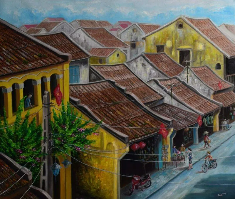 Tranh sơn dầu về phố cổ Hội An với mái ngói cổ kính và gam màu trầm lắng