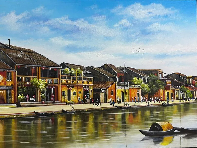 Tranh sơn dầu tái hiện một góc phố Hội An ven sông Hoài với màu sắc sống động, chân thực, mang lại cảm giác vừa hoài niệm vừa sang trọng
