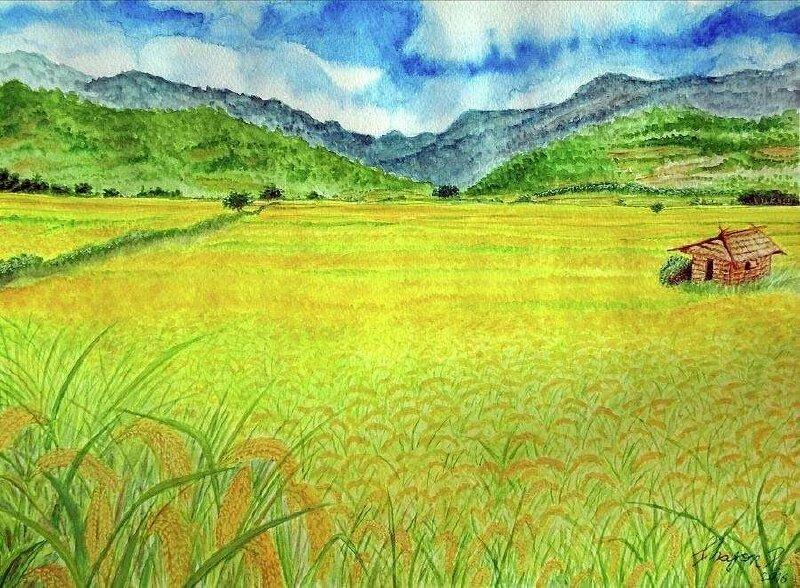 Tranh cánh đồng lúa chín vàng vào mùa gặt