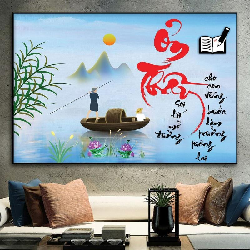  Tranh phong cảnh kết hợp thư pháp, hình ảnh người chèo đò chở học sinh, nhấn mạnh công ơn "đưa đò" của thầy cô