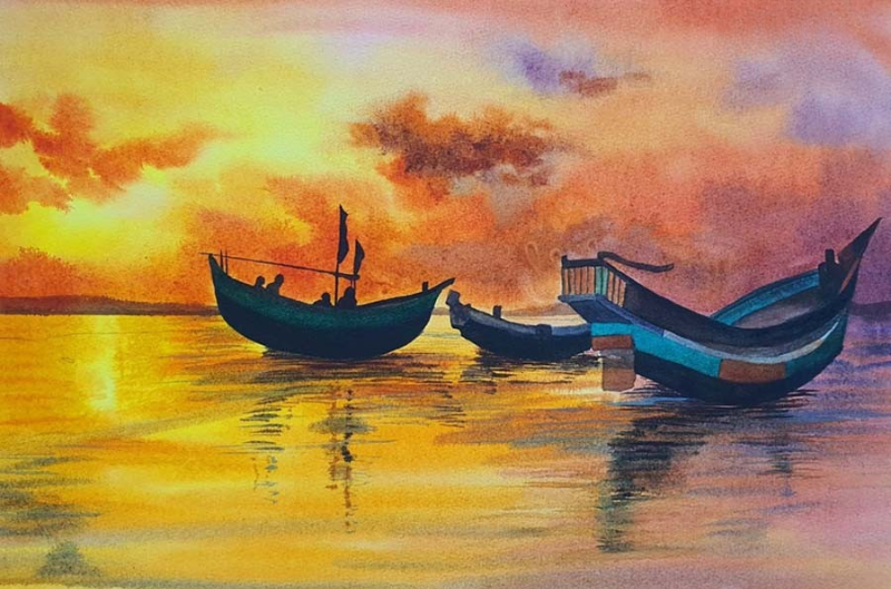 Tranh phong cảnh màu nước chủ đề hoàng hôn