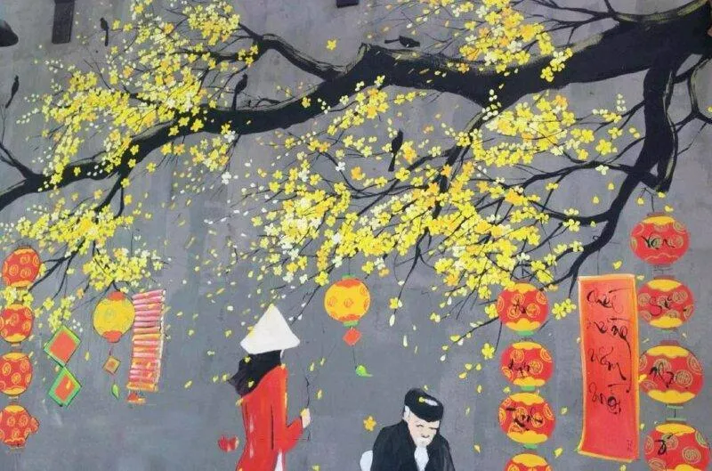 Tranh đi hội chùa đầu xuân