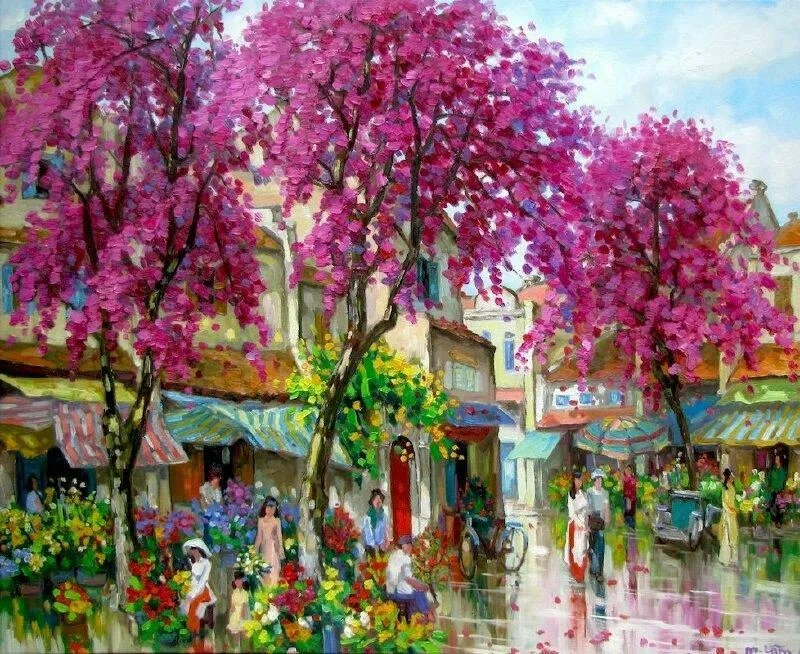 Tranh phong cảnh phố phường ngày tết ngập sắc hoa