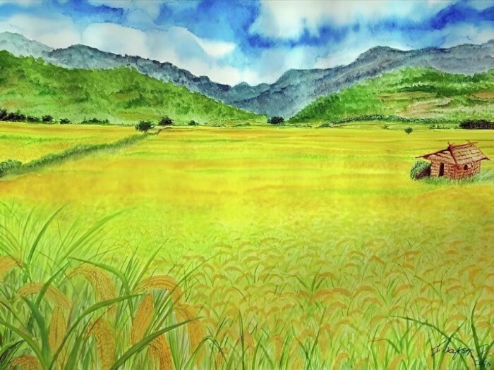 tranh phong cảnh quê hương màu nước