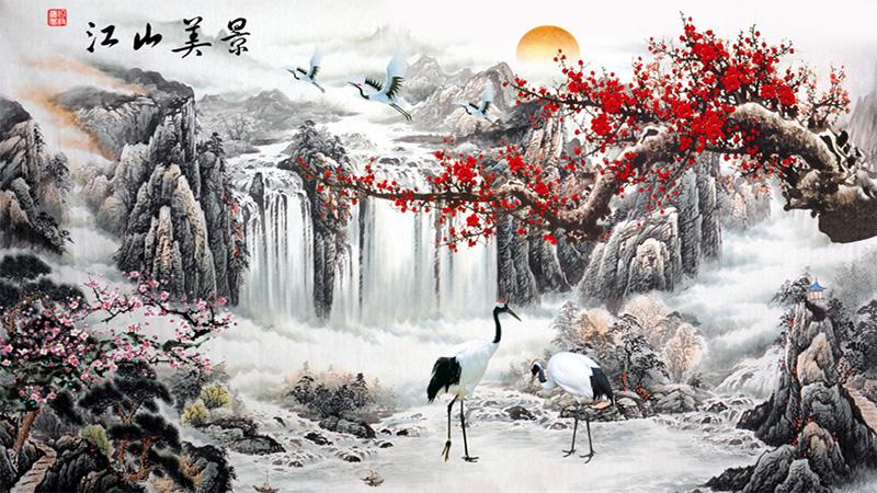 Tranh phong cảnh thủy mặc Hoa Anh Đào