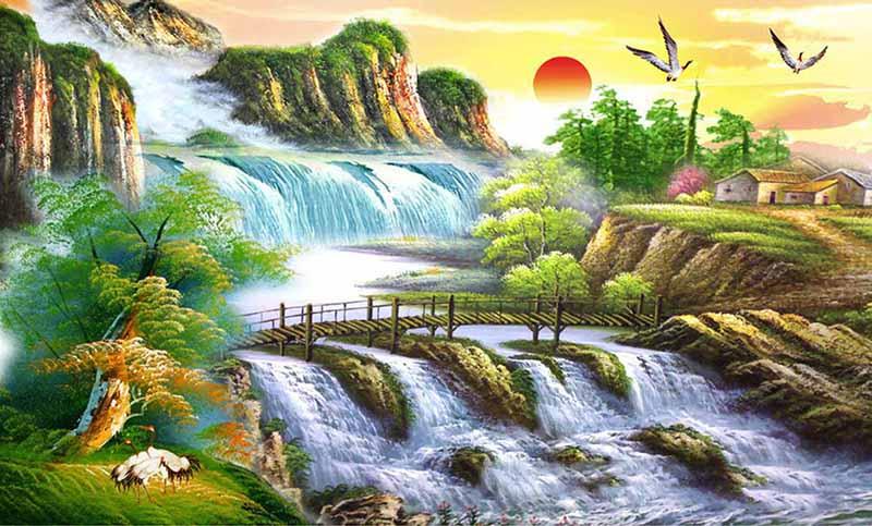 Tranh sơn thủy với cầu bắc qua sông, thể hiện sự kết nối và vững chãi