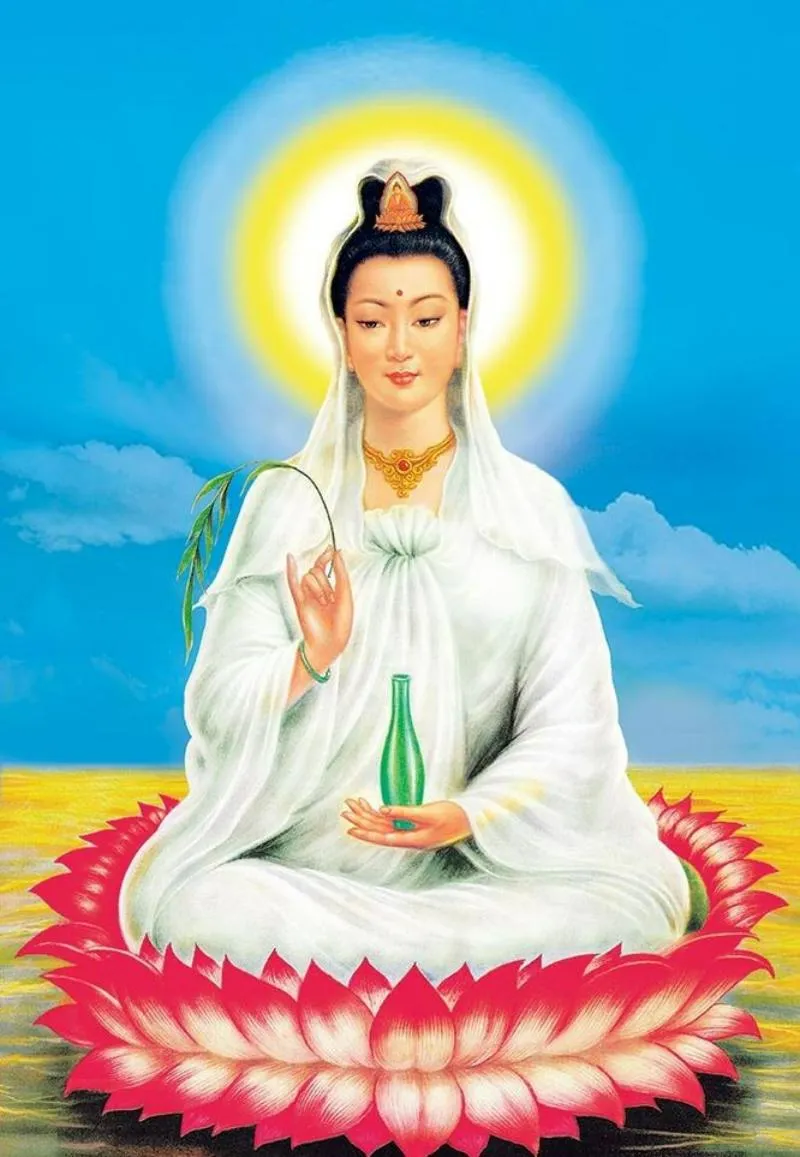 Bức tranh Quan Âm Bồ Tát ngồi trên đài sen, tay cầm bình cam lộ và cành dương liễu, biểu tượng của lòng từ bi vô lượng
