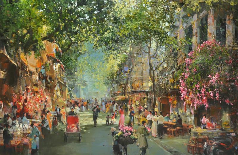 Bức tranh tái hiện không khí sinh động, náo nhiệt của phố phường