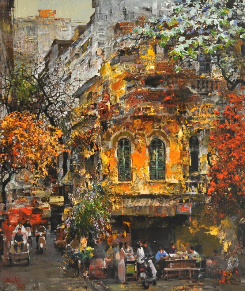Tranh sơn dầu Hà Nội góc phố cổ nhộn nhịp 