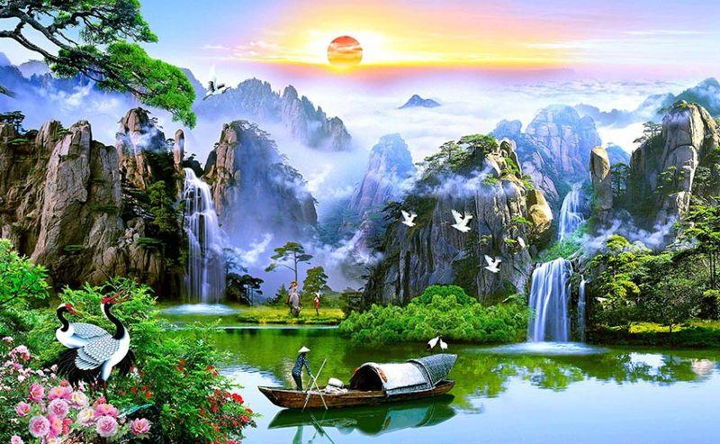 Tranh Sơn Thủy Hữu Tình kết hợp với hình ảnh chim hạc và thuyền buồm mang ý nghĩa về sự ổn định, tài lộc
