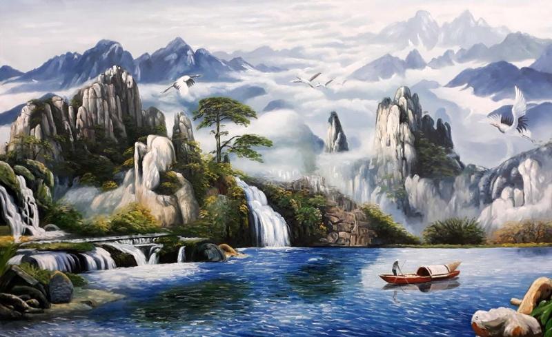 Tranh Sơn Thủy Hữu Tình, sự kết hợp hoàn hảo giữa núi và nước, mang lại sự thịnh vượng và bình an cho gia chủ