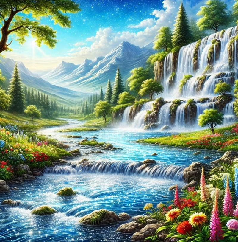 Tranh thác nước trong một khung cảnh thần tiên với cây cối và hoa cỏ tươi sáng, thể hiện sự sinh sôi, nảy nở