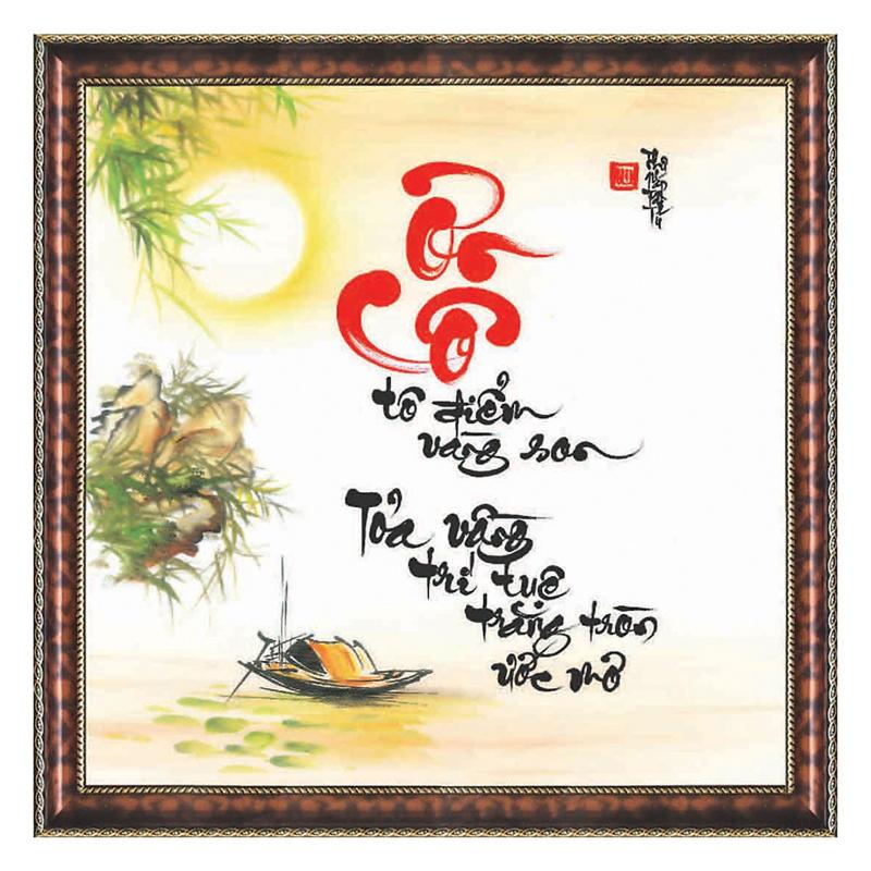  Tranh thủy mặc với câu thư pháp "Ơn Thầy", gợi lên hình ảnh người lái đò trên dòng sông tri thức