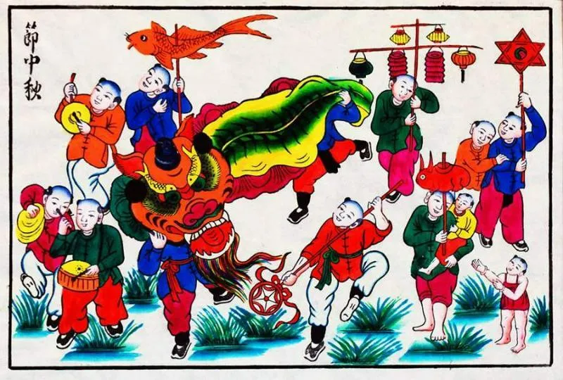 Tranh trẻ em chơi múa lân ngày tết
