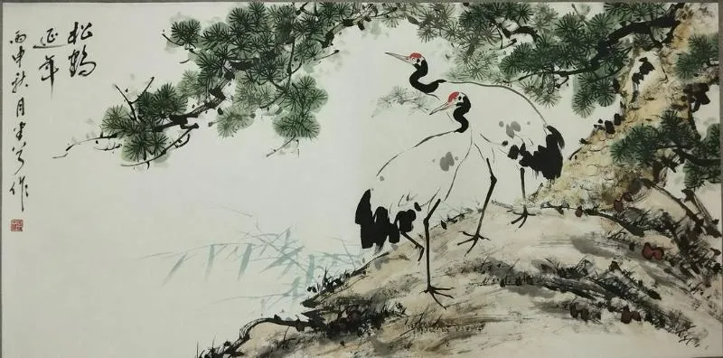 Tranh Tùng Hạc Diên Niên thủy mặc với nét vẽ tinh tế, mềm mại