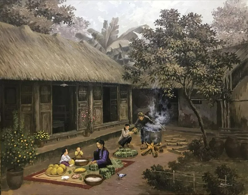 Tranh vẽ các thành viên gia đình quây quần bên nhau nấu bánh chưng, một phong tục truyền thống của Tết Việt