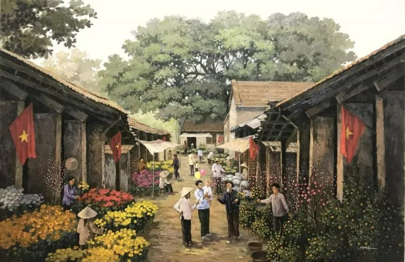 Tranh vẽ hội chợ xuân nhộn nhịp bán hoa đào