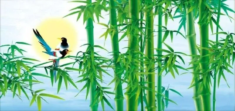 Bức tranh vẽ cây tre xanh cùng đôi chim hỉ tước báo tin vui, mang đến cảm giác yên bình và may mắn