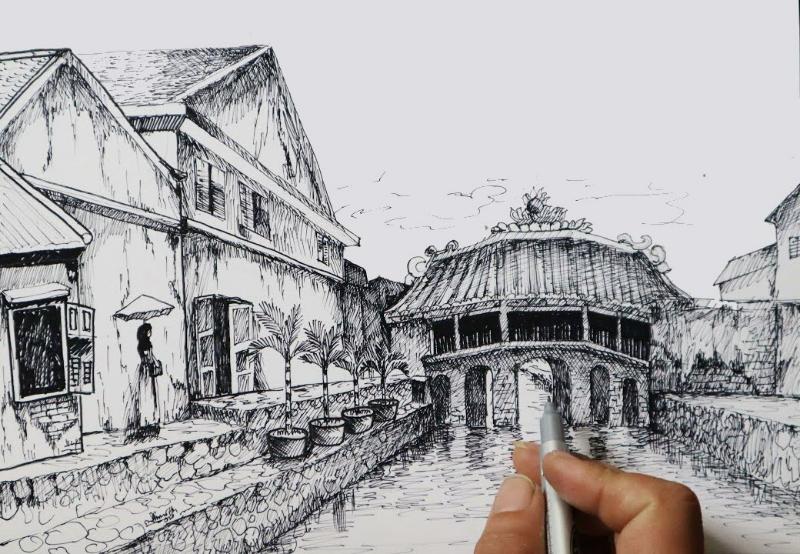 Bức tranh vẽ về Phố Cổ bằng bút chì