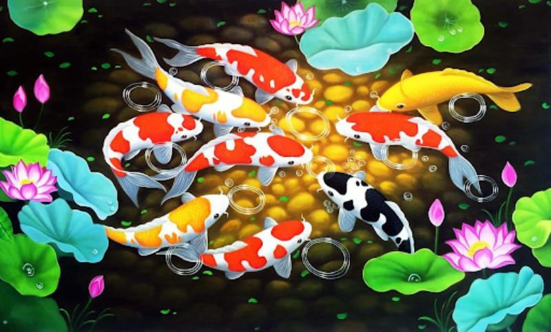 Cửu Ngư Quần Hội – Bức tranh khắc họa 9 con cá Chép quây quần bên hoa Sen, biểu tượng của dư dả, sung túc, tài lộc lâu dài