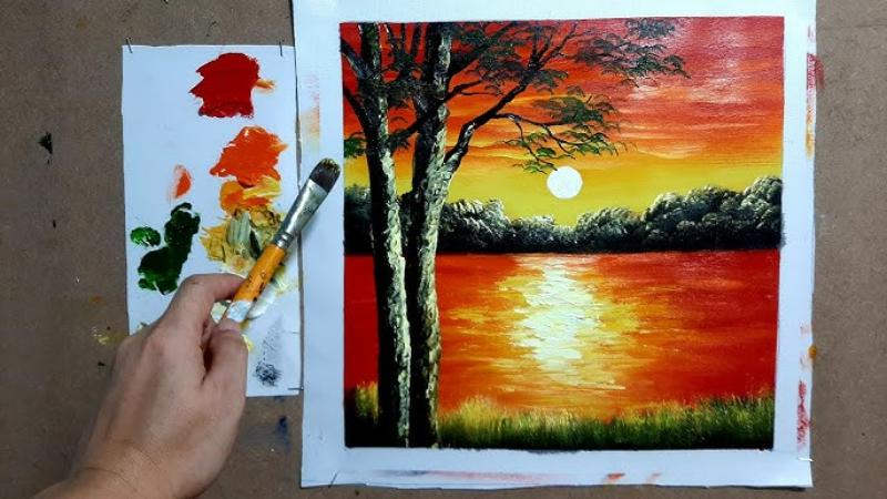 Vẽ tranh biển hoàng hôn bằng màu nước