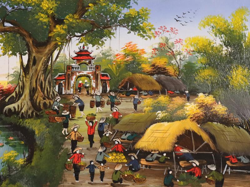 Cách vẽ tranh chợ tết đơn giản với màu sơn dầu