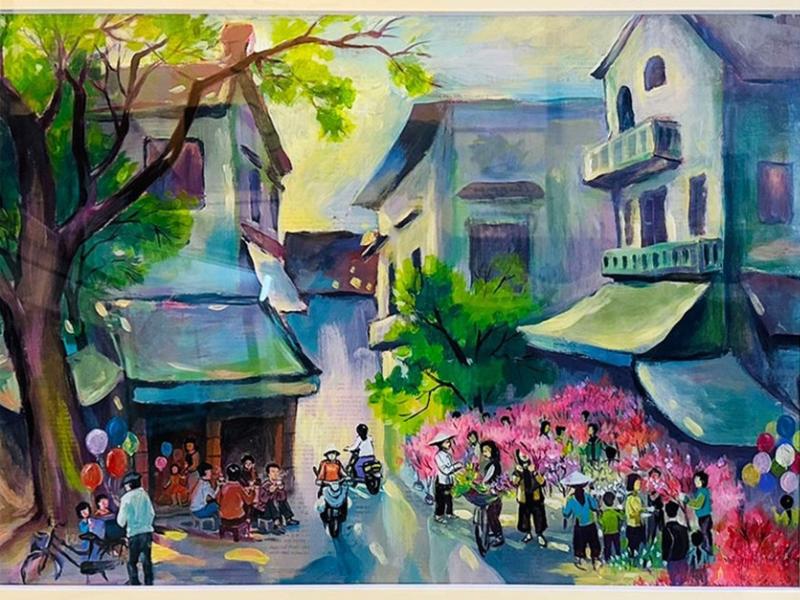 Tranh chợ tết đơn giản phiên chợ hoa đào