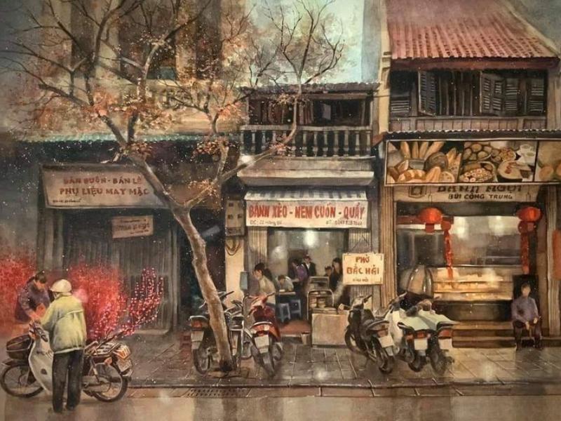 Vẽ tranh chợ tết đơn giản cảnh phố cổ ngày xưa