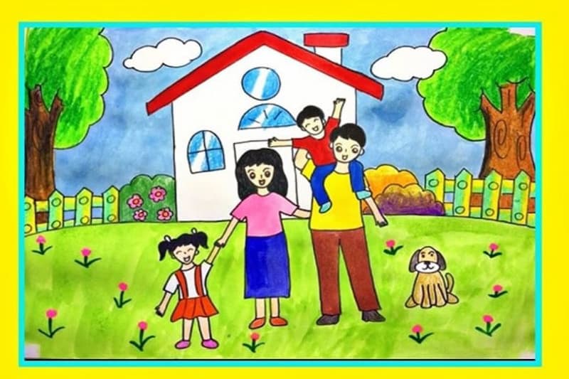 Bức tranh gia đình hạnh phúc với cha mẹ và các con quây quần bên ngôi nhà nhỏ, thể hiện tình yêu thương và sự gắn kết ấm áp