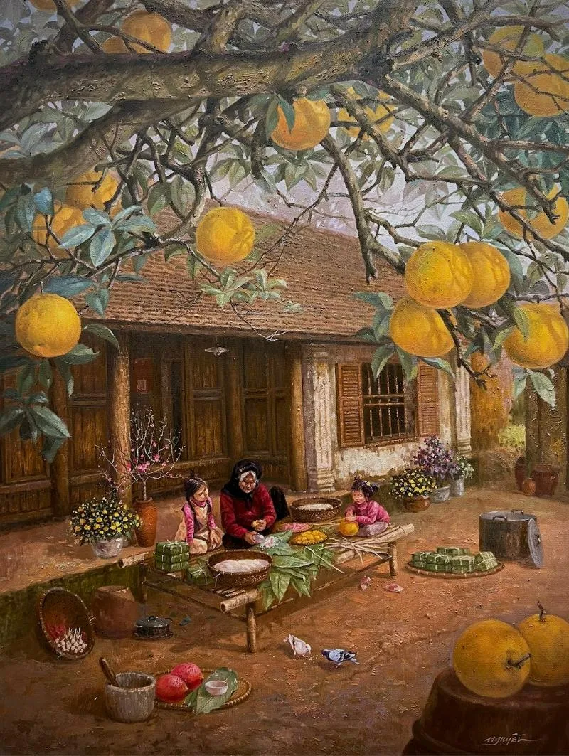 Vẽ tranh ngày Tết cảnh gói bánh chưng