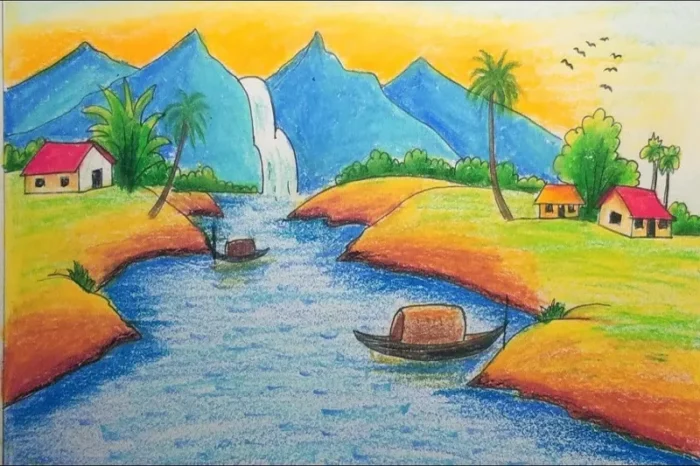 Phong cảnh núi tạo chiều sâu với bố cục xa gần và gam màu lạnh