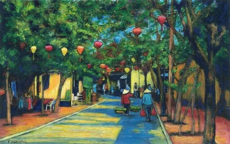 Bức tranh vẽ acrylic một góc phố Hội An quen thuộc với những ngôi nhà cổ và xe đạp dựng ven đường, gợi lên cảm giác thân thuộc, gần gũi