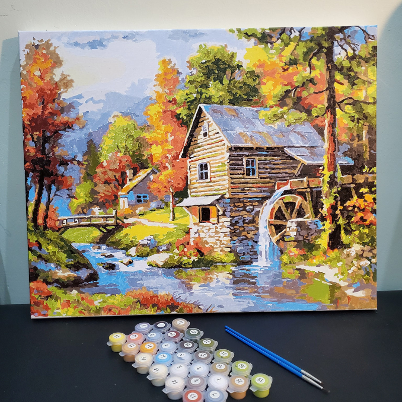 99+ Mẫu tranh số hóa treo tường đẹp, độc đáo và ấn tượng 14 Bộ kit tranh số hóa phong cảnh nhà gỗ bên suối với đầy đủ màu vẽ và cọ
