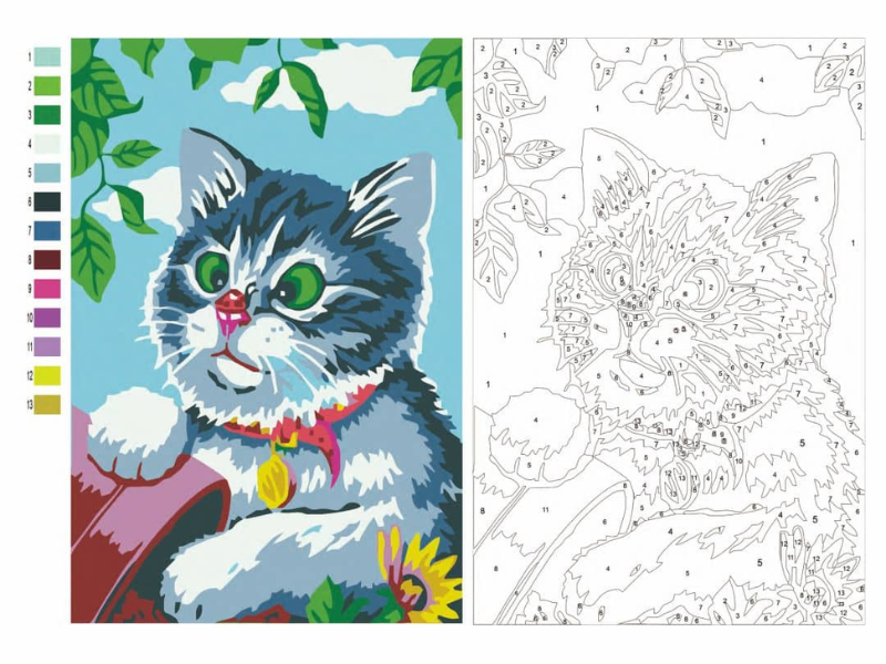 99+ Mẫu tranh số hóa treo tường đẹp, độc đáo và ấn tượng 21 Ảnh ghép so sánh bức tranh mèo tô màu số hóa đã hoàn thành (bên trái) và bản phác thảo tô số (bên phải)