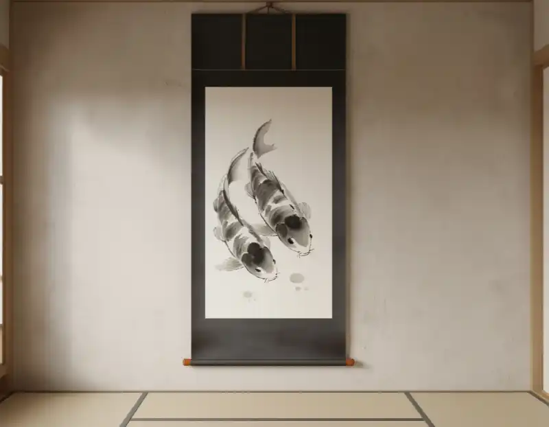 Tranh Cá Chép đôi Cá Chép thủy mặc cuộn giấy