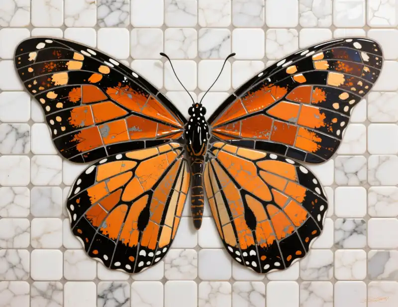 Tranh mosaic bướm chúa rực rỡ trên nền gạch