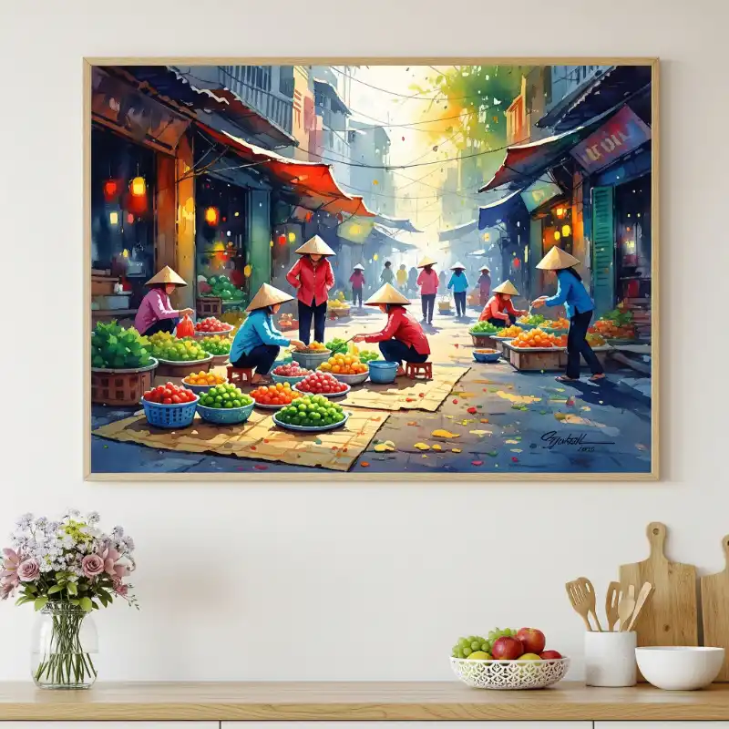 Tranh Phố Cổ Hà Nội chợ truyền thống nhộn nhịp, nhiều màu sắc.