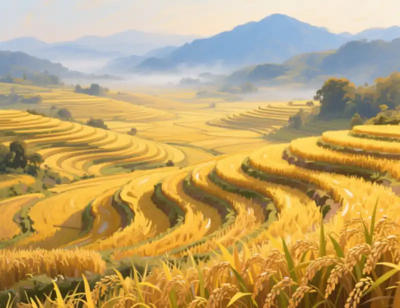 98+ Tranh ruộng bậc thang mùa lúa chín - Ý nghĩa phong thủy 30 Tranh ruộng bậc thang mùa lúa chín cảnh quan đồng lúa vàng hùng vĩ