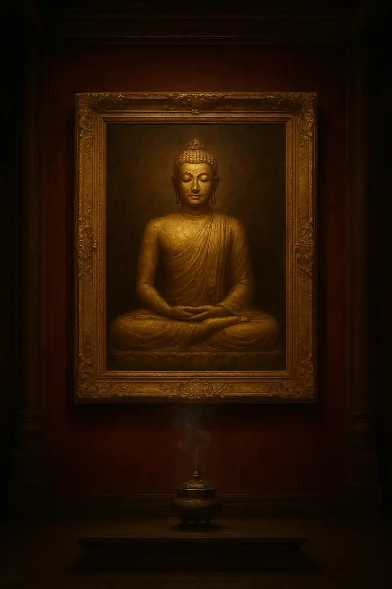 Tranh thờ tượng Phật vàng trong khung cảnh tĩnh.