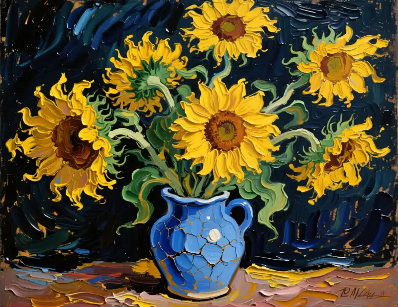 Tranh tĩnh vật bình hoa hướng dương xanh vỡ