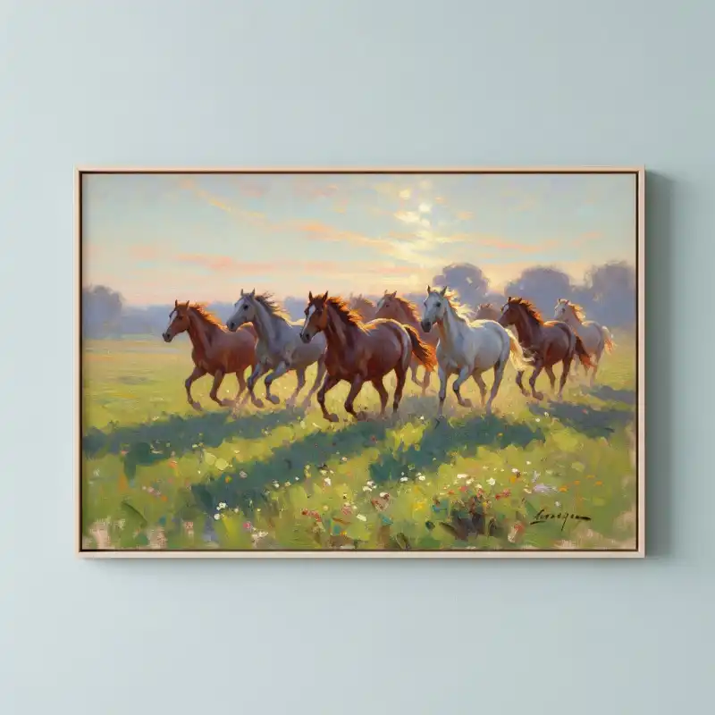 Ý nghĩa tranh Mã Đáo Thành Công cách treo thu hút tài lộc 32 Tranh Mã Đáo Thành Công bầy ngựa phi trên thảo nguyên xanh.
