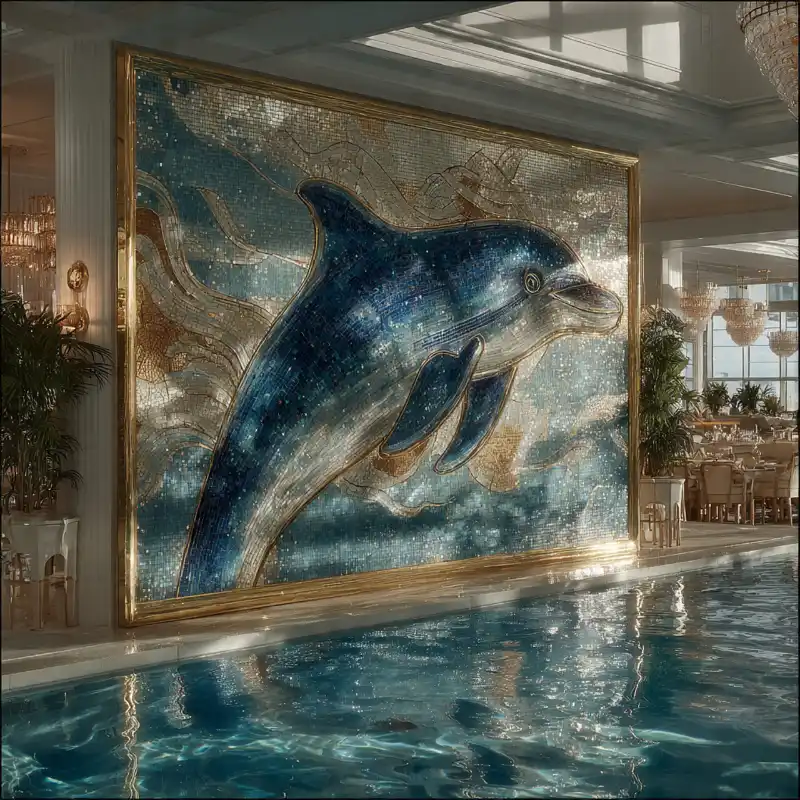 Tranh mosaic cá heo xanh biếc bên bể bơi